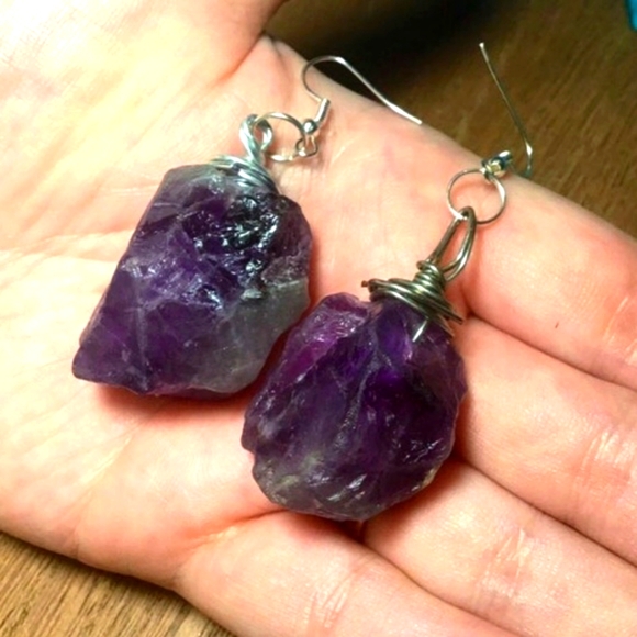 Raw Amethyst earrings, Amethyst earrings handmade - Picture 3 of 5